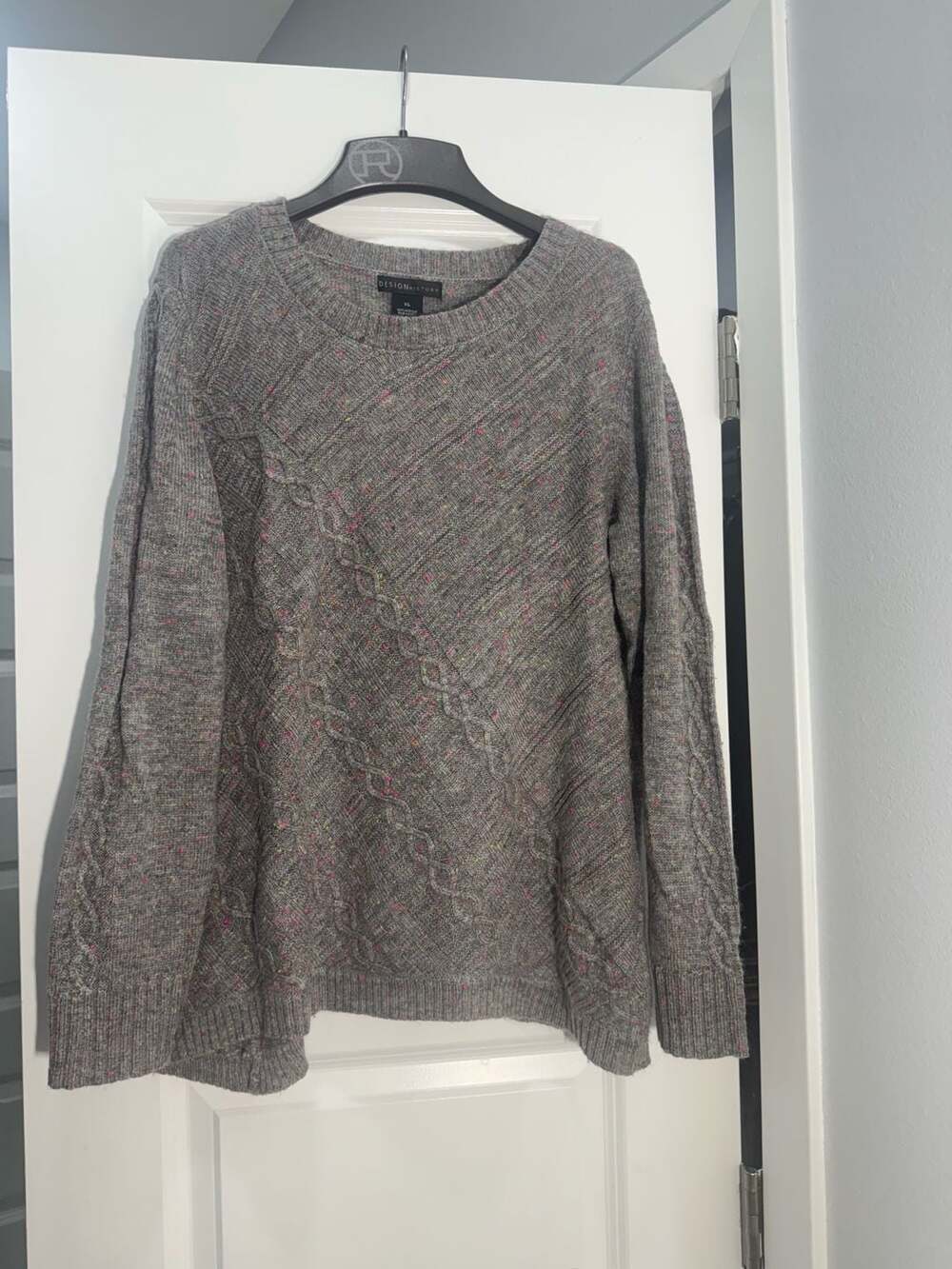 Design History Women's Gray Speckled Cable Knit Crew Neck Sweater XL